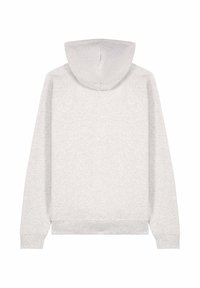 Felpa grigia chiara realizzata in mistura di cotone. Presenta un cappuccio foderato, maniche raglan e polsini e orlo a costine. Texture liscia e design semplice.