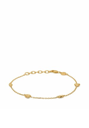 Delikatna bransoletka z łańcuszka ze złota z czterema ozdobnymi koralikami i regulowanym zapięciem na białym tle.