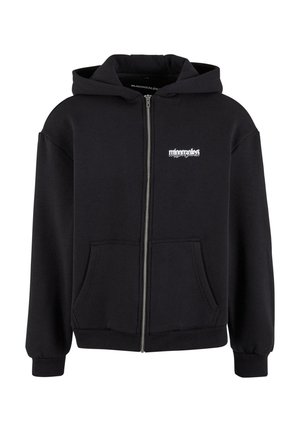 Black zip-up hoodie made of soft material, featuring a front pocket, ribbed cuffs, and a white logo on the chest.