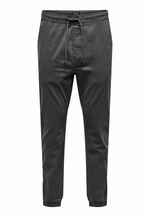 Dunkelgraue, konisch zulaufende Jogginghose mit elastischem Bund und Bündchen, vorderem Kordelzug und dezenten Seitentaschen.