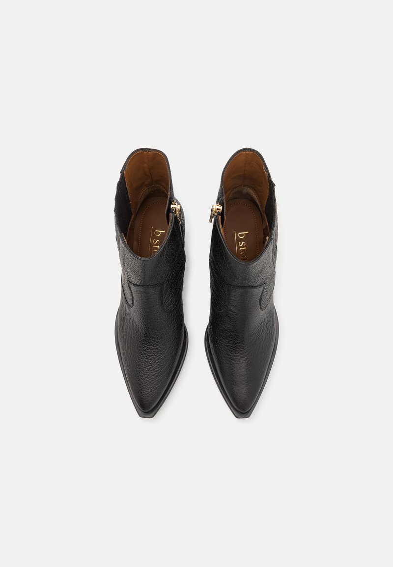 Schwarze Leder-Ankle-Boots mit spitzen Zehen und strukturiertem Finish. Verfügt über einen seitlichen Reißverschluss und ein kleines goldfarbenes Detail nahe der Öffnung.