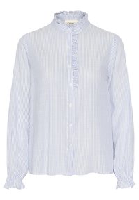 Blouse rayée bleu clair et blanc, avec un col volanté, un devant à boutons et de longues manches avec des poignets élastiques.