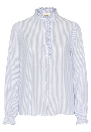 Blouse rayée bleu clair et blanc, avec un col volanté, un devant à boutons et de longues manches avec des poignets élastiques.
