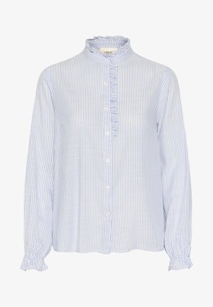 Blusa a righe in blu chiaro e bianco, con colletto arricciato, apertura frontale con bottoni e maniche lunghe con polsini elasticizzati.