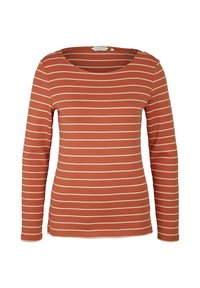 Langärmliges Oberteil in verbranntem Orange mit horizontalen cremefarbenen Streifen. Verfügt über einen Rundhalsausschnitt und ein weiches, dehnbares Material für zusätzlichen Komfort.