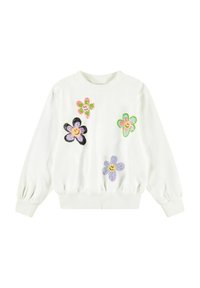 Witte sweatshirt met elastische manchetten en onderrand, versierd met zes geborduurde bloemen in roze, groen, zwart en paars met lachende gezichten.