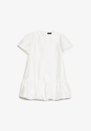 White short-sleeve dress with round neckline and gathered hem, made of slightly shiny fabric, laid flat on a white background.