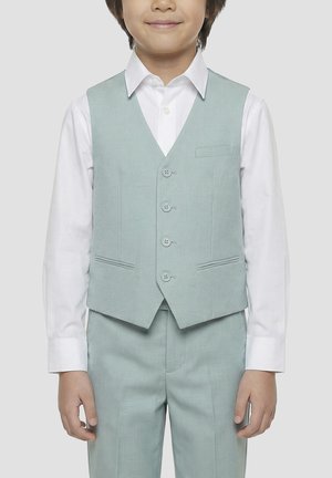 Jeune enfant portant un gilet formel vert clair et un pantalon avec une chemise blanche à manches longues, souriant légèrement, debout sur fond uni.