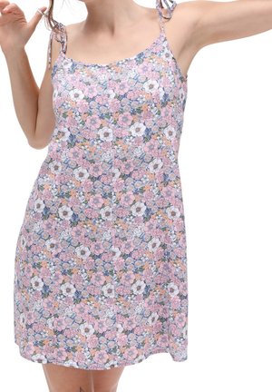 Blommig klänning med tunna axelband, med rosa och vita blommor mot en blå bakgrund. Lättviktigt tyg, A-linjeformad och med luftig design.