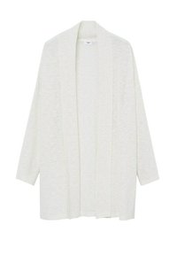 Kevyt, avonainen kardigan pehmeästä, teksturoidusta kermaisen värisestä kankaasta. Ominaisuuksina pitkät hihat ja rento istuvuus ilman kiinnityksiä.