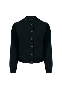 Czarna bomberka wykonana z miękkiego materiału, z okrągłym kołnierzem, sześcioma metalowymi guzikami oraz elastycznymi mankietami i dołem, co zapewnia dopasowany wygląd.