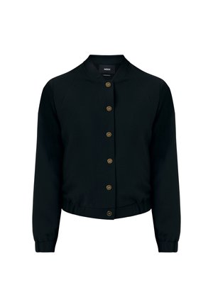 Chaqueta bomber negra hecha de una tela suave, con un cuello redondo, seis botones metálicos y puños y dobladillo elásticos para un ajuste ceñido.