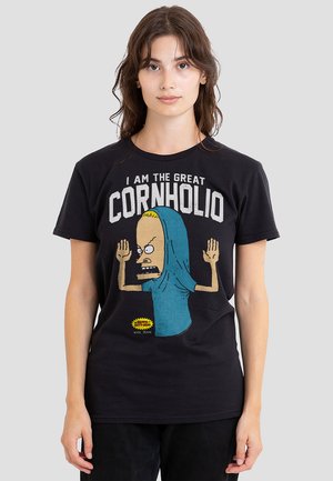 Black t-shirt featuring a cartoon character with a bald head and blue hoodie. Text reads "I AM THE GREAT CORNHOLIO."