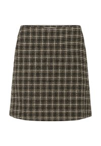 Jupe midi en A de couleur brun foncé en tissu avec un motif à carreaux blanc et beige. Caractéristiques d'une texture lisse et d'un ourlet net.