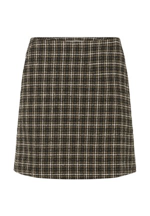 Knielange A-Linien-Rock aus dunkelbraunem Stoff mit einem weißen und beige karierten Muster. Besitzt eine glatte Textur und einen sauberen Saum.
