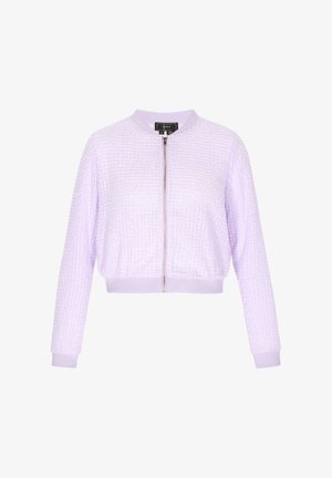 Kratka svetlo-ljubičasta bomber jakna z teksturirano tkanino, rebrastim ovratnikom in manšetami ter osrednjim zadrgo.