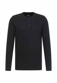 Schwarzes Langarm-Henley-Shirt aus strukturiertem Stoff mit einer Knopfleiste und einem kleinen Logo auf der Brust.