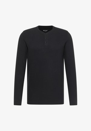 Schwarzes Langarm-Henley-Shirt aus strukturiertem Stoff mit einer Knopfleiste und einem kleinen Logo auf der Brust.