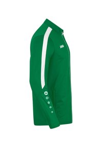 Groene sportjacket met witte zijpanelen en knoopaccenten. Beschikt over een kraag, lange mouwen en een logo op de borst. Zachte textuur.