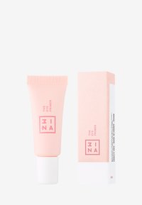 Rosa Kunststofftube mit Augenprimer, einem gerippten Deckel und weißem Boden, neben einer rosa rechteckigen Box mit weißem Text und Branding.