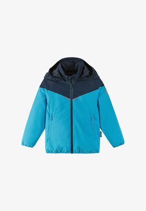 Blå jacka med en mörkblå huva och axelparti. Den har fullständig dragkedja framtill, elastiska ärmmuddar och sidofickor.