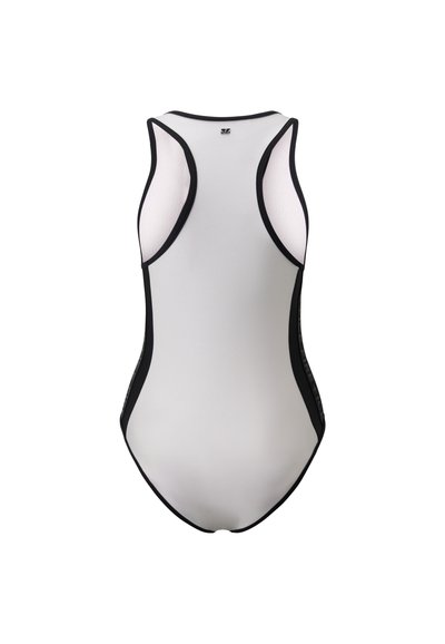 Bílé plavky se závodnickým vystřižením a černými akcenty. Vyrobené z hladkého, elastického materiálu. Disponují nízkým výstřihem na zádech a zesílenými švy.