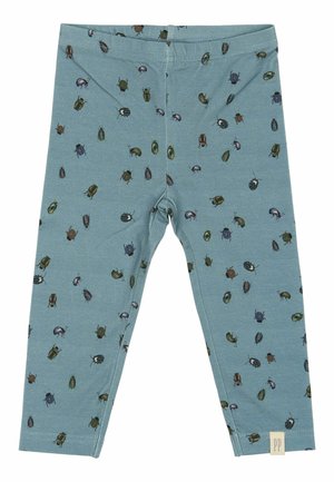 Blue leggings made of soft fabric, featuring a repeated pattern of various colorful beetles. Elastic waistband, fitted design, no fastenings.