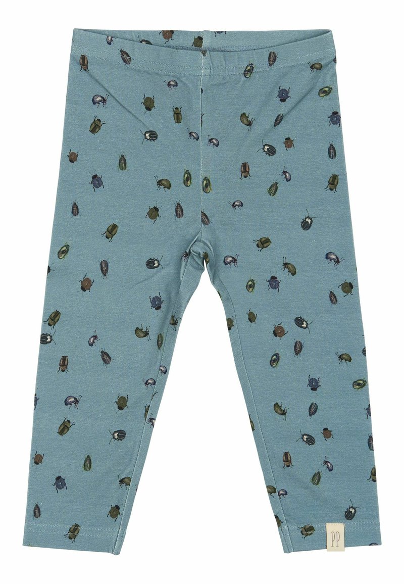 Leggings blu realizzati in morbido tessuto, con un motivo ripetuto di vari scarabei colorati. Vita elastica, design aderente, senza chiusure.