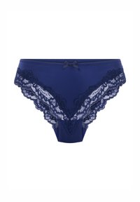 Marineblauw ondergoed met kanten randje, voorzien van een delicaat kanten ontwerp, subtiele strikaccent en gladde stof.