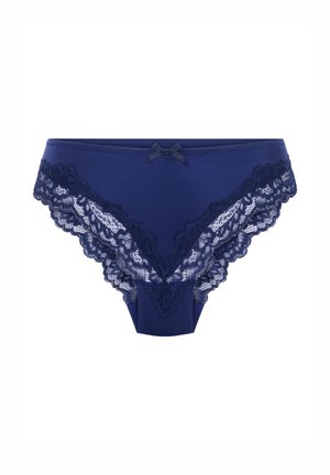 Sous-vêtement bleu marine bordé de dentelle, présentant un design délicat en dentelle, un petit nœud subtil et un tissu lisse.