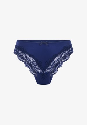 Sous-vêtement bleu marine bordé de dentelle, présentant un design délicat en dentelle, un petit nœud subtil et un tissu lisse.