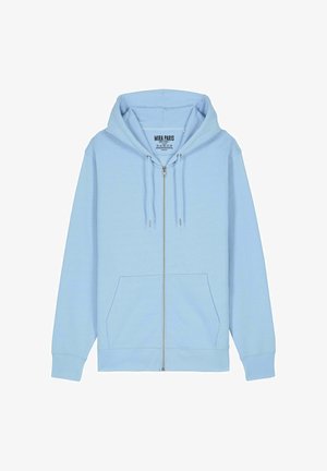 Világoskék, cipzáras kapucnis pulóver, puha anyagból készült, kapucnival, elülső zsebekkel és texturált belső résszel rendelkezik. Ezüst cipzár és húzózsinór is található rajta.