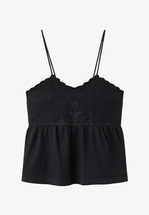 Čierny tielkový top s tenkými ramienkami, výšivkovaným vrchným dielom s vlnovkami a voľným pásom.