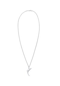 Sølv kæd necklaces, der har en delfinformet vedhæng med en glat og poleret overflade. Kæden har et fint, delikat design.