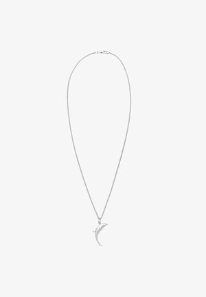 Sølv kæd necklaces, der har en delfinformet vedhæng med en glat og poleret overflade. Kæden har et fint, delikat design.