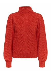 Pull rouge en maille avec un col montant, des motifs diagonaux texturés et des poignets et ourlet côtelés. Forme volumineuse avec des manches ballon.