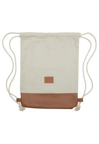 Piippuolinen reppu, jossa on beige kangasosa ja ruskea nahkainen pohja, säädettävät narut ja pieni logopatch.