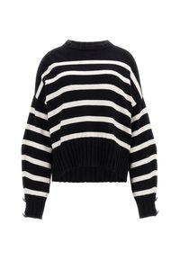 Maglione a righe bianco e nero, taglio corto, con scollo e polsini a coste. Presenta una vestibilità ampia e ornamenti a bottone sulle maniche. Tessuto in maglia morbida.