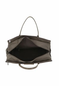 Borsa a spalla in tessuto grigio con un ampio scomparto centrale, due zip laterali e manici robusti; l'interno è scuro con un ulteriore tasca.