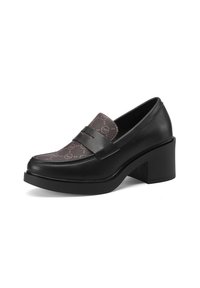 Scarpe nere in pelle con tacco a blocco, superiore in tessuto grigio scuro a motivo, con una fascia decorativa sulla tomaia e un design elegante.
