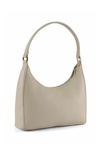 Borsa a tracolla in pelle beige con design curvo, chiusura a zip e texture liscia. Presenta una singola tracolla e sottili dettagli in metallo.