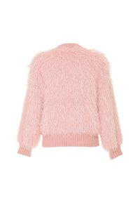 Maglione rosa fluffy con maniche lunghe, vita a coste e tessuto in finta pelliccia testurizzato. La vista posteriore mostra una copertura completa e una sensazione morbida.