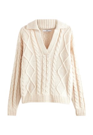 Pull en maille couleur crème avec col en V et manches longues, avec des motifs losanges et torsadés.