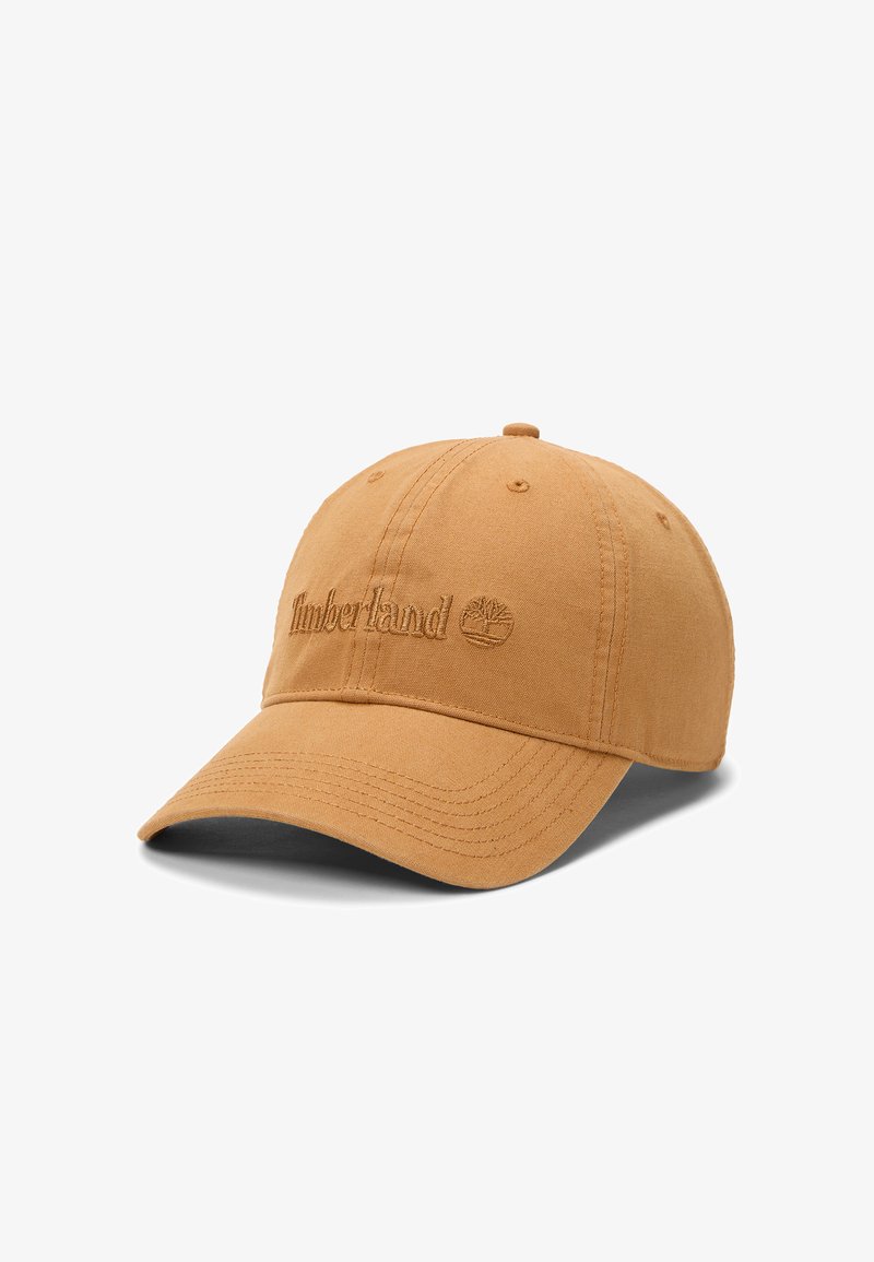 Cappellino da baseball color fango con visiera curva, caratterizzato dal logo Timberland ricamato e dall'emblema dell'albero sul pannello frontale.