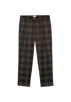 Brązowe spodnie w kratę o dopasowanym kroju, z subtelnymi niebieskimi i pomarańczowymi akcentami, plisami z przodu oraz zapięciem na guzik w pasie.