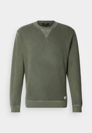 Green sweatshirt made of textured fabric, featuring a round neckline, long sleeves, and a small brand tag at the bottom left.