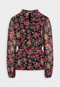 Blusa floreale con sfondo scuro e rose rosse, rosa e viola, maniche lunghe e dettaglio a chiave sulla schiena. Tessuto liscio e trasparente.