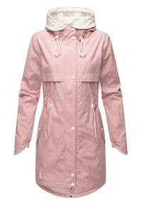 Lichtroze waterdichte jas met een witte capuchon, trekkoordaccenten, drukknoopsluitingen, twee voorkanten zakken en een elastische taille voor verstelbaarheid.