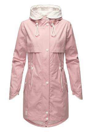 Light pink waterproof jacket with a white hood, drawstring accents, snap buttons, two front pockets, and a cinched waist for adjustability.