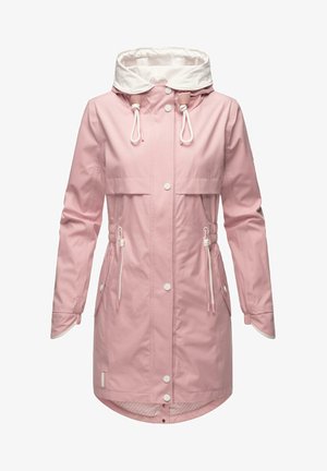Helle rosa wasserdichte Jacke mit einer weißen Kapuze, Kordelzug-Details, Druckknöpfen, zwei Fronttaschen und einem gekräuselten Bund zur Verstellbarkeit.